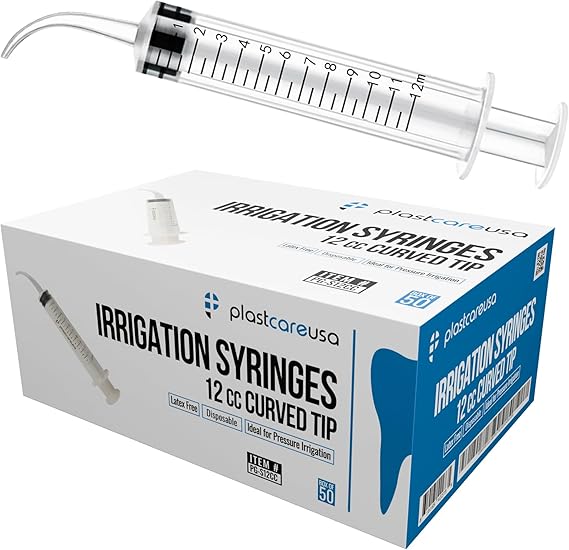 50 Curved Tip Irrigation Syringes (12cc / 12ml) - Disposable Oral Dispensing Utility Syringe (Box of 50) by PlastCare USA