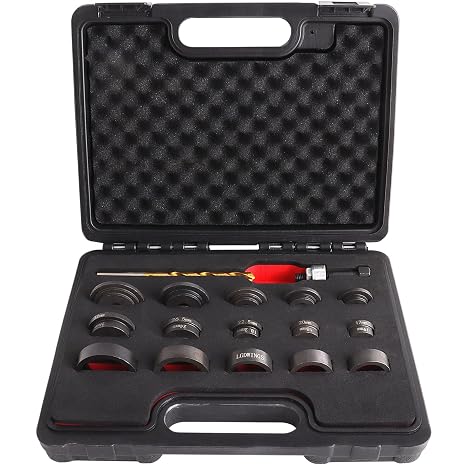 Parking Sensor Hole Cutter Kit, 17-Pc Manual Bumper Punch Tool Set 17-32mm | Cut clean 17-32mm parking sensor and lens holes in plastic bumpers up to 5mm thick with 10 sizes, pilot bit and storage case.