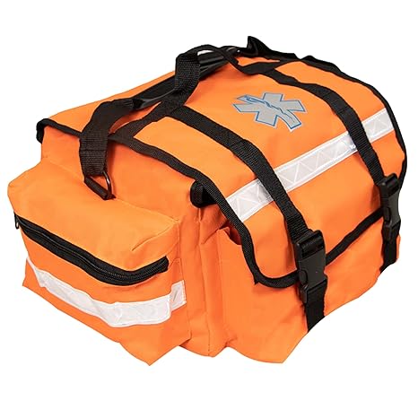 Primacare KB-RO74-O First Responder Trauma Bag, 17 x 9 x 7, Orange EMTEMS Medical Supply Organizer with Padded Dividers, Multiple Compartments, Side Pockets, Reflective Strip, Durable Design