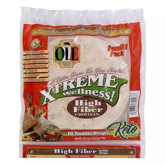 Ole Mexican Foods Xtreme Wellness High Fiber Low Carb Keto Friendly - 16 Tortilla Wraps (Pack of 2) 32 Total Wraps