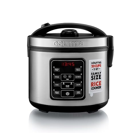 Gourmia Rice Cooker 5 Qt Capacity, 20 Cup Cooked, 10 Cup Uncooked, Digital Controls, 6 Cooking Presets, Grain Cooker & Steamer, Nonstick Pot, Steam Tray, Delay Timer, Keep Warm, Stainless Steel
