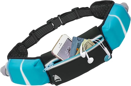 Athle Running Belt - 2 10oz Water Bottles, Large Fanny Pack Pocket Fits All Phones and Wallet, Bib Fasteners, Adjustable One Size Fits All Waist Band, Key Clip, 360 Reflective
