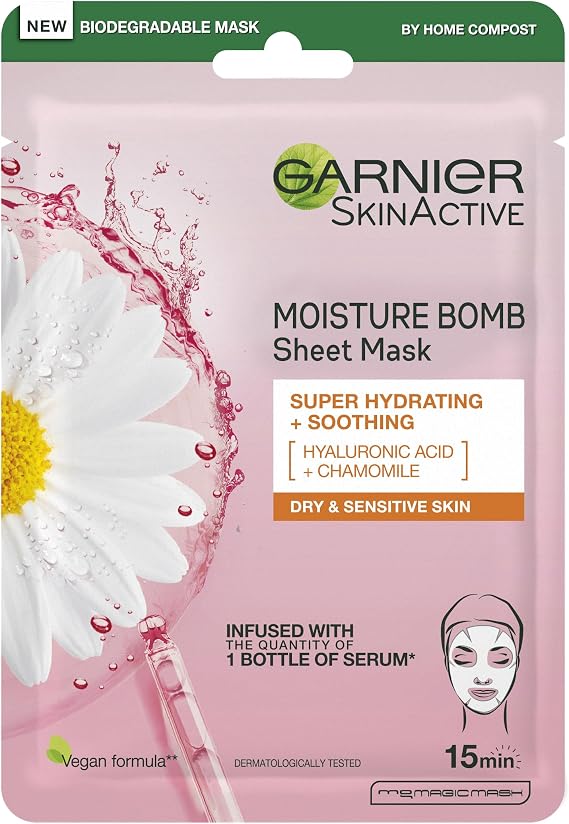 Garnier Moisture Bomb Chamomile & Hyaluronic Acid Sheet Face Mask, 28g | With Chamomile and Hyaluronic Acid, Hydrating, Soothing Face Sheet Mask, For Sensitive Skin, Vegan