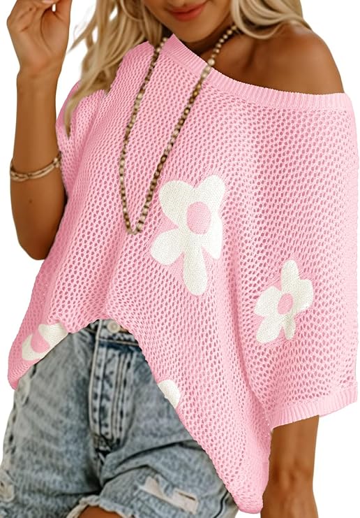 Dokotoo Womens Floral Fashion Summer Tops 2026 Short Sleeve Crochet Sweaters Swimsuit Cover Ups Lightweight Knit Pullover