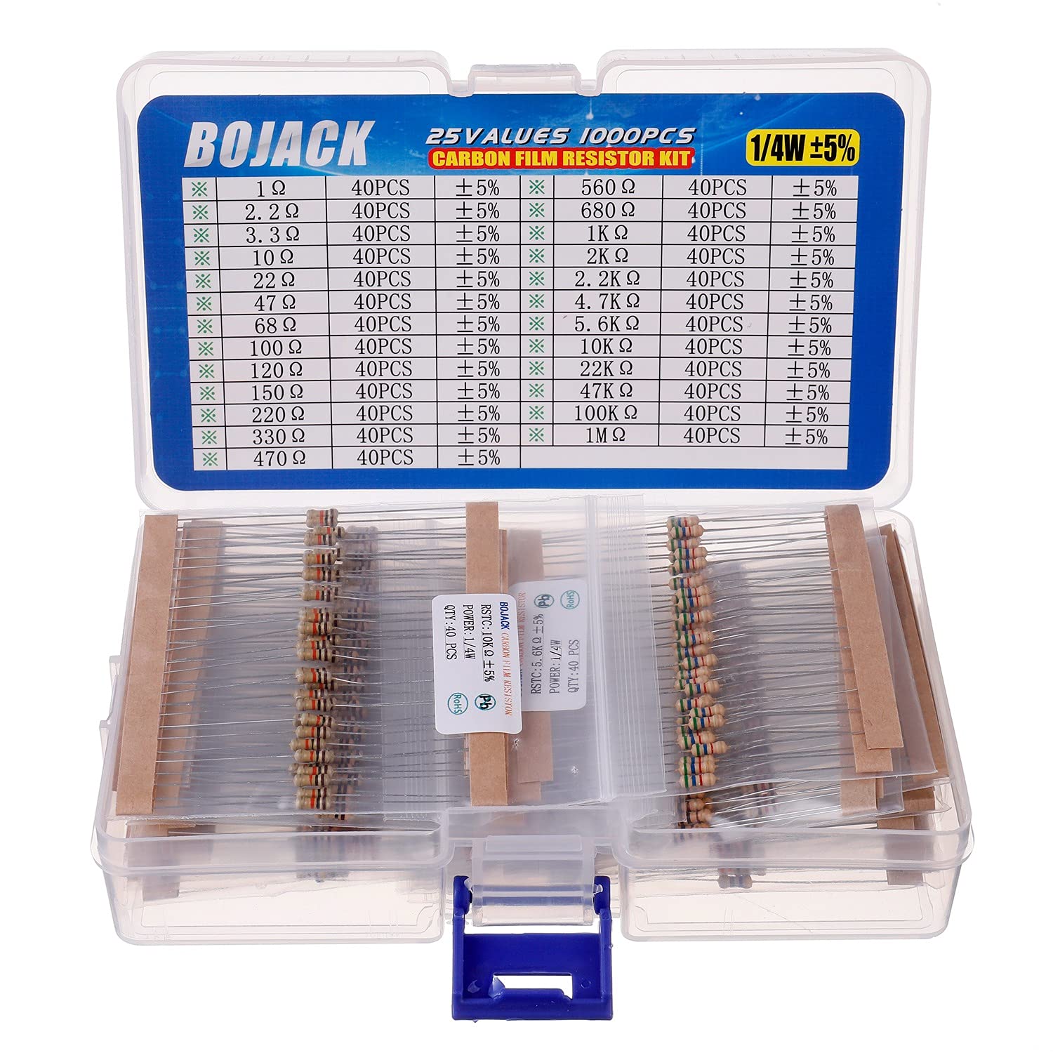 BOJACK Resistor Assortment Kit 1 Ohm - 1M Ohm 14W Carbon Film 25 Values 1000 Pcs