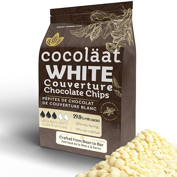 Cocolaat White Couverture Chocolate Chips | Culinary Grade for Bakers, Pastry Chefs, Chocolatiers | 29.8% Cocoa - 33% fat | Gold Foil Resealable Pouch Perfect Holiday Gift | 2 lb