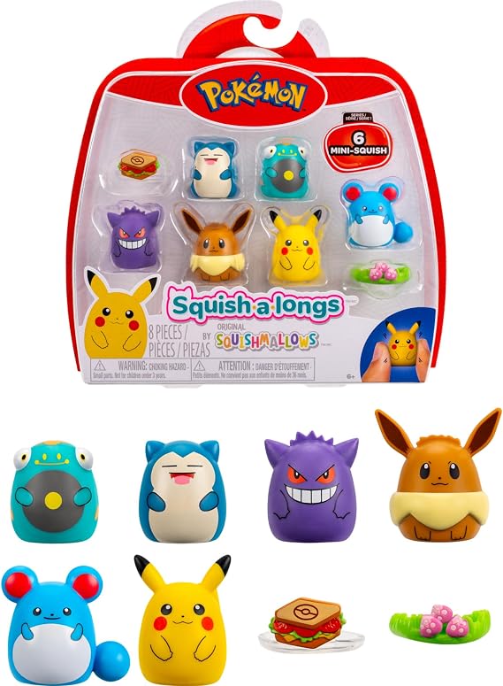 Squish-a-longs Pokemon Mini-Squish 6-Pack (Gengar, Pikachu, Snorlax, Eevee, Bellibolt, Marill)