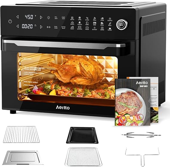 Aeitto® 32-Quart PRO Large Air Fryer Oven| Toaster Oven Combo | with Rotisserie, Dehydrator  Accessories | 19-In-1 Digital Airfryer | Fit 13" Pizza, 9pcs Toast, 1800w, Black