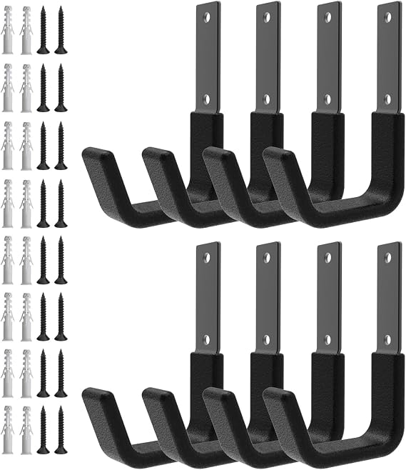 Heavy Duty Steel Garage Utility Hooks, 8 Pack, Black, Wall Mount, 50 Lb Capacity, Minimalist Style