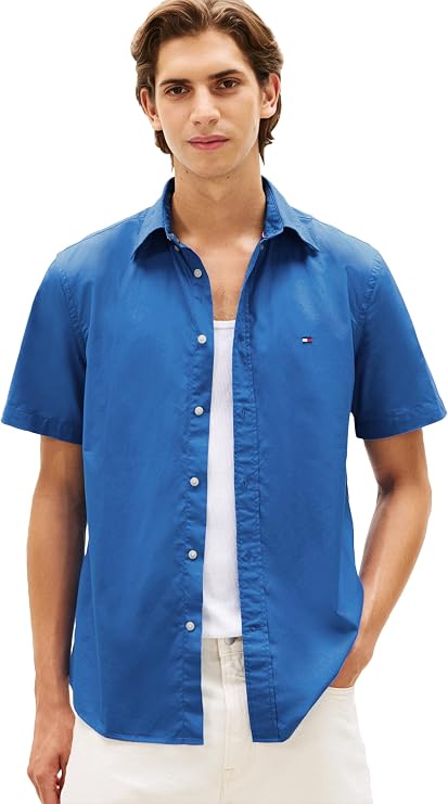 Tommy Hilfiger Men's Short Sleeve Poplin Shirts in Regular Fit, Men's Button Down Shirts