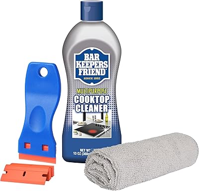 PURPUR Cloth, Scraper & Bar Keepers Friend Cooktop & Stove Cleaner Bundle KIt, Non-Abrasive, Removes Tough Stains for Glass - Ceramic Surfaces 13 Oz