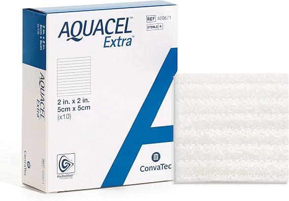 ConvaTec AQUACEL Extra 2"x2" Hydrofiber Absorbant Dressing for Moderate to Highly Exuding Wounds, Non-Woven Two-Dimensional Strengthening Fibers, Square, 10ct Box