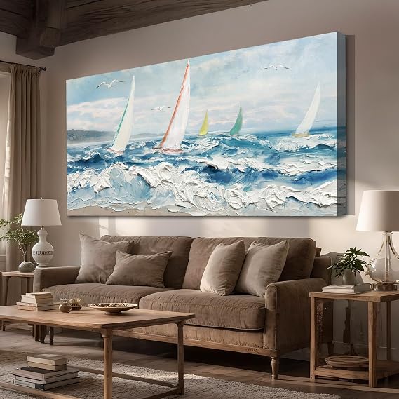 Enartly Wave 3D Textured Ocean Wall Art for Living Room Blue Seascape Sailboat Canvas Coastal Painting Artwork for Bedroom Bathroom Home Office Wall Decor, Large 58"x29"