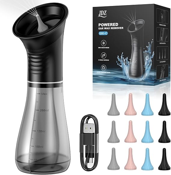 Upgraded Ear Wax Removal, Electric Ear Irrigation Cleaner with One-Piece Waste Tank, Safe & Effective Earwax Cleaning Kit for Adults & Kids, 3 Adjustable Pressure, 12 Replaceable Nozzles