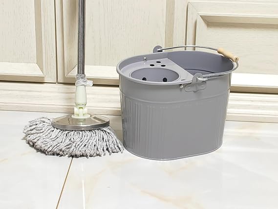 Galvanized Metal Mop Bucket 13L litres Large Industrial Galvanised Reinforced Heavy Duty Thick Metal Mop Bucket for Home Office General Cleaning (Grey)