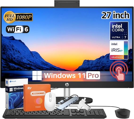 HP 27" All in One Touchscreen Desktop Computer, Intel Ultra 7 155U (Up to 4.8GHz), 27 inch FHD Anti-Glare Touchscreen, Intel IrisXe, 32 GB DDR5, 1 TB SSD, Windows 11 Pro, Accessories, Jet Black