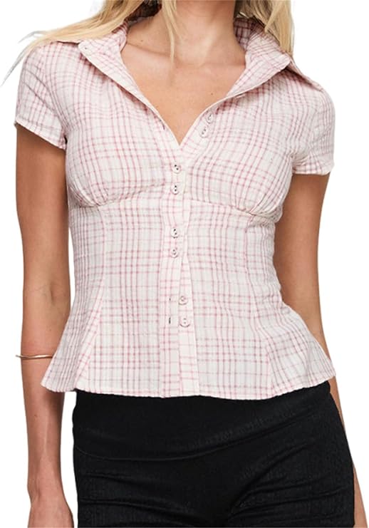 Women Y2k Button Down Blouse Short Sleeve V Neck Cinch Collared Cropped Shirt Tops Slim Fit Coquette Going Out Tops