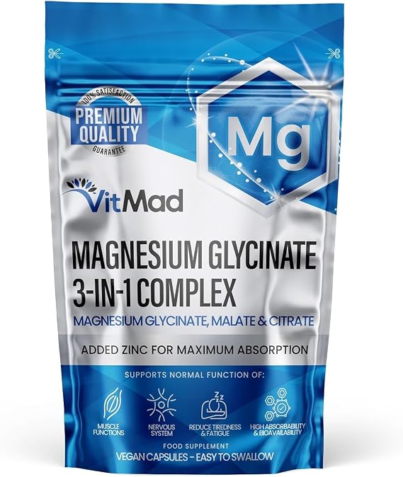 Magnesium Glycinate 3-in-1 Complex - Bisglycinate, Citrate & Malate Vegan Capsules, Added Zinc to Maximise Absorption 380mg Elemental 100% NRV, UK Made (60)
