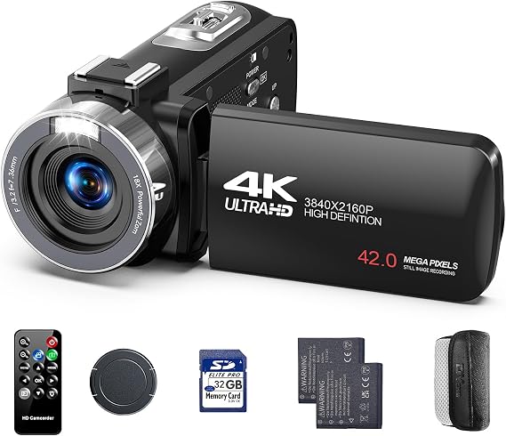 4K Video Camera Camcorder, 42MP Vlogging Camera for YouTube with 32GB SD Card, 2 Batteries, 3" 270 Rotating Screen, 18X Digital Zoom, Remote Control, Webcam for Live Streaming