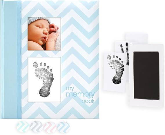 Pearhead First 5 Years Chevron Baby Memory Book with Clean-Touch Baby Safe Ink Pad to Make Baby's Hand or Footprint Included, Blue