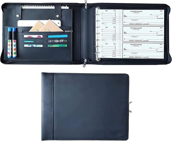7-Ring Zippered Checkbook Binder for Business Checks - Premium Leather Portfolio Holds 600 Checks (9"x13") - Personalized Name/Logo for Men & Women