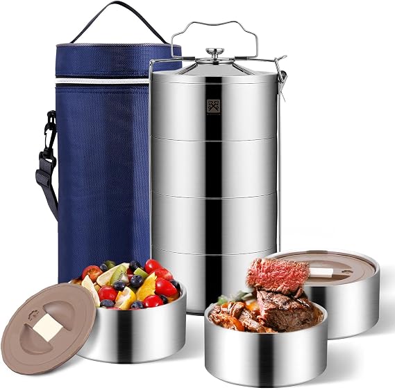 GOLDEN KEY 80oz Stainless Steel Stackbale Lunch Box for Adult, 4-Tier Food Container, Leak-Proof & Stackable Large Capacity Metal Bento Box with Lunch Bag, (80OZ, Silver) - Extra Large