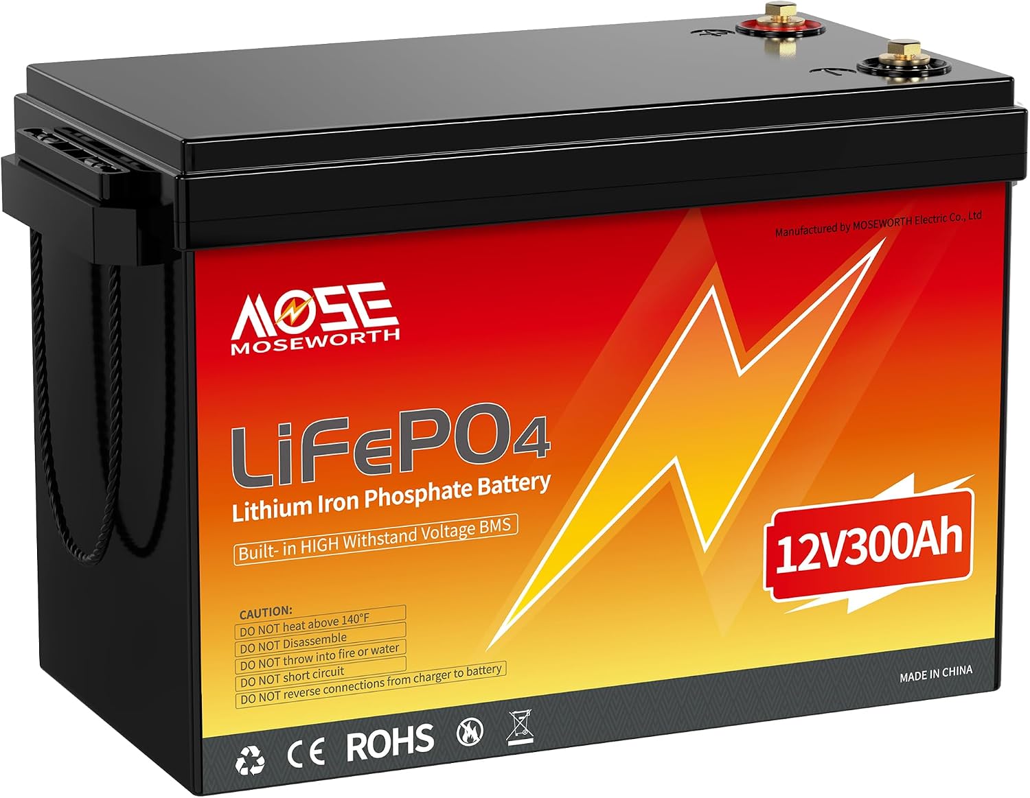 LiFePO4 Lithium Iron Phosphate Battery, 12V 300Ah, Built-in BMS