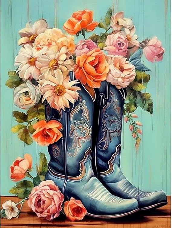 Cowboy Boots Diamond Painting Kits for Adults - Diamond Art Kits for Adults | Round 5D Flowers Gem Art Kit for Adult DIY Crafts Kit Gift Home Wall Decor Gifts (16x12 inch)