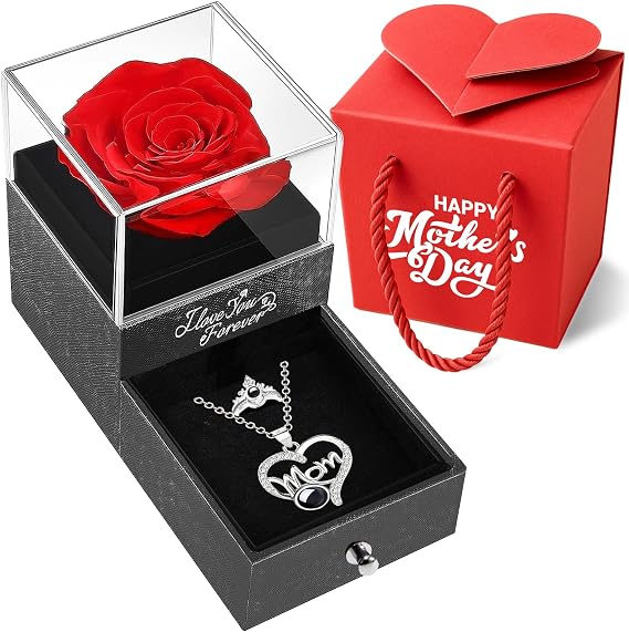 Norcalway Preserved Real Rose with I Love You Necklace - Forever Love Eternal Rose Box - Gifts for Girlfriend Women Her Mom Wife Grandma - I Love You Gifts for Her on Birthday, Weeding, Anniversary