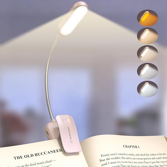 Glocusent 20 LED Reading Lights for Books in Bed, Eye Caring Reading Light | 5 Colors & 5 Brightness 3100LM Dimmable, 1200mAh Rechargeable Book Light to 90H, Lightweight Clip on Light for Book Lovers