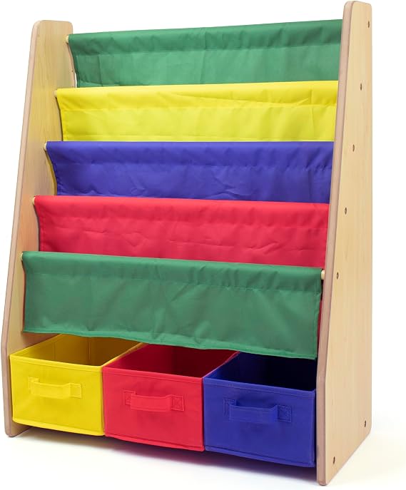 Humble Crew 4-Tier Kids Bookshelf and 3 Bins Toy Storage, Natural and Primary - Book Shelf for Kids Rooms with Four Deep Pockets - Toddler Sling Book Rack with Deep Sleeves, Nursery Bookcase Organizer