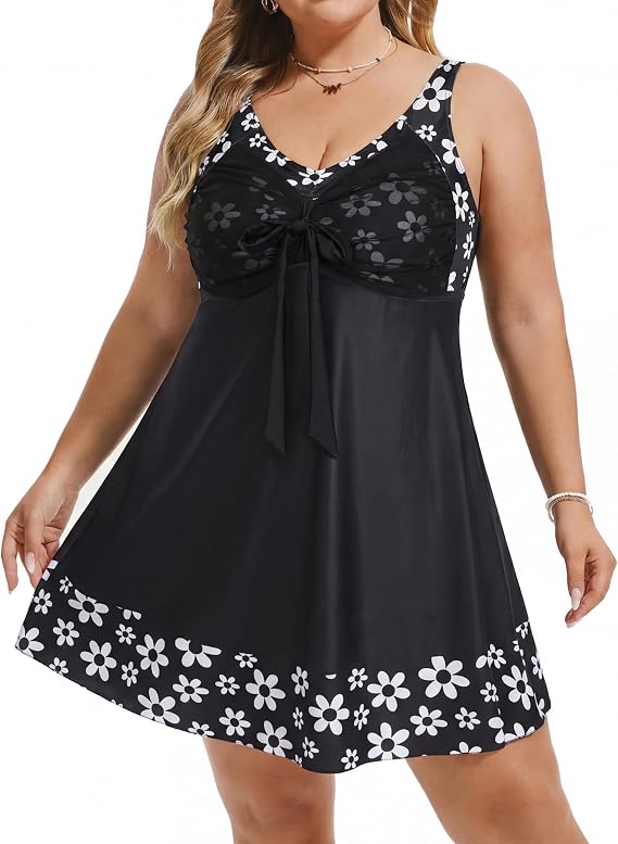 Hanna Nikole Women's Two Piece Swim Dress Plus Size Tankini Swimsuit | Adjustable Straps, Removable Pads,Breathable Cute Full Coverage Boyshorts Swim Suit,Modest Tummy Control Swimwear