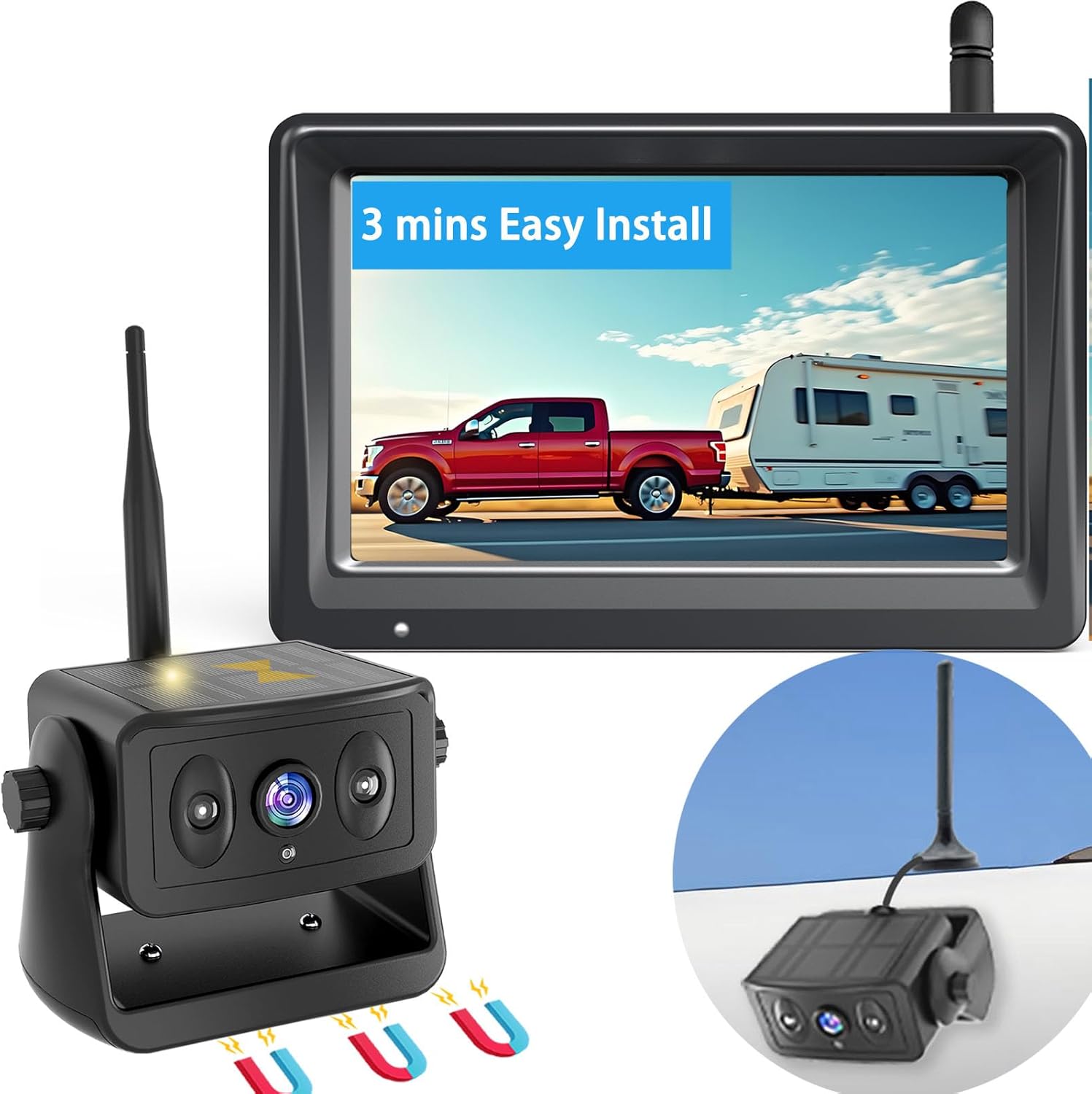 Wireless Backup Camera for Trucks & RVs, Solar - Powered - Magnetic, Portable, No - Drill, No - Wire Easy Install, Night Vision, Rechargeable with 5 HD Monitor systems for Car, Camper, Trailer