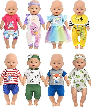 ARTST Baby Doll Clothes, 8 Set 14-16 inch Baby Doll Accessories Outfit Pajamas with Headbands Valentine's Gift for 43cm New Born, 15 inch Bitty,16 inch Boys(NO Doll)