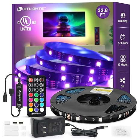 32.8ft LED Strip Lights, HitLights RGB 5050 Color Changing LED Light Kit Ultra Brighter 300LEDs Flexible Light Strips with RF Remote and UL Power Supply for Home Room Party TV Bedroom