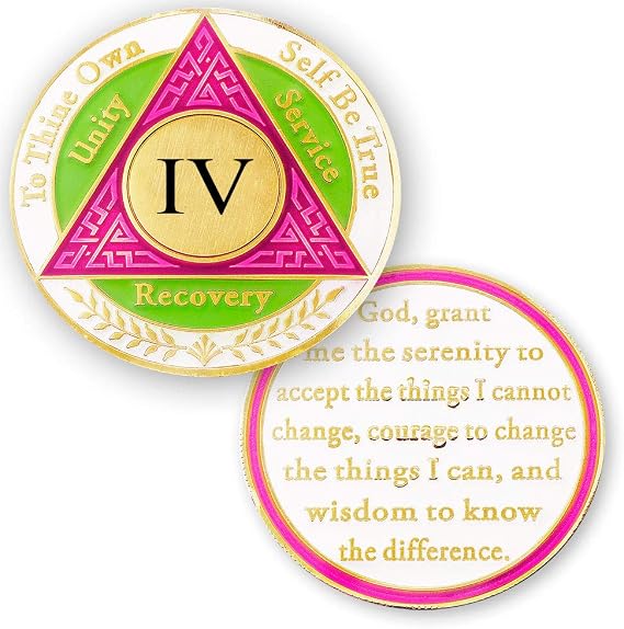4 Year AA Medallions Sobriety Coin - Alcoholics Anonymous Chips - Four Year Coins - Pink Green White Token