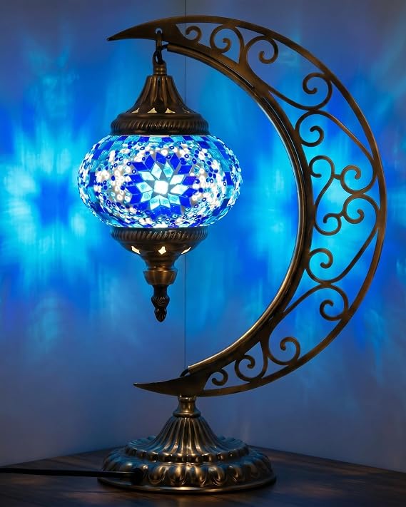 Baquler Turkish Mosaic Moon Lamp - Handmade Stained Glass Table Lamp with Metal Crescent Base, Bohemian Moroccan Bedside Night Light for Bedroom Living Room Decor, Unique Gift(Vintage Style)