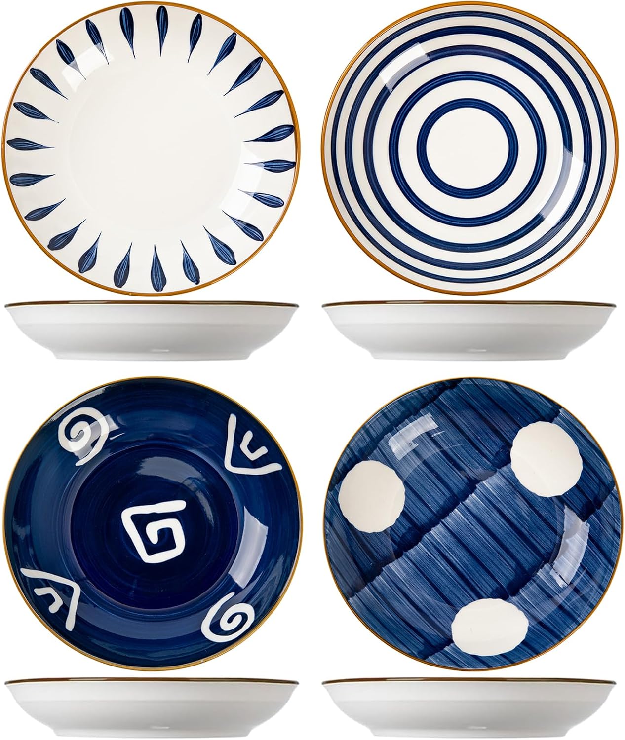 Ceramic Deep Dinner Plates Set of 4 Patterned,8 Inch Ceramic Dessert Plates,Salad Plates Set,Dinnerware Set for Pasta Bowls,Ramen Microwave & Dishwasher Safe