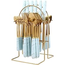 Cutlery Set, 24 Piece Cutlery Set, Cutlery Set with Stand, Knife and Fork Spoons Coffee Spoons Sets, Cutlery Set Service for 6, Hanging Cutlery Set with Stand (Golden, Blue)