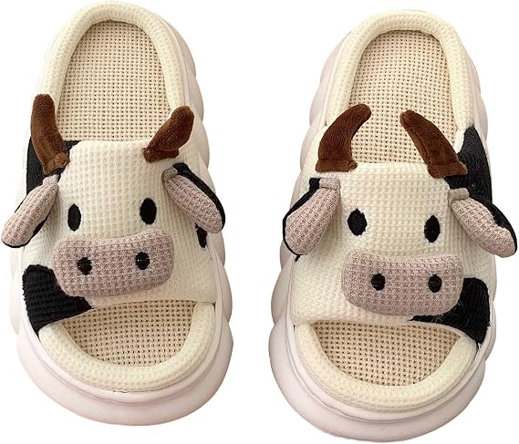 Cow Slippers for Women Men, Cute Cartoon Animal Open Toe House Slides Slippers, Linen Kawaii Indoor Outdoor House Shoes, Comfortable Non Slip Milky Cow Thick Sole Slipper (Cow (Linen),12 Women/10 Men)