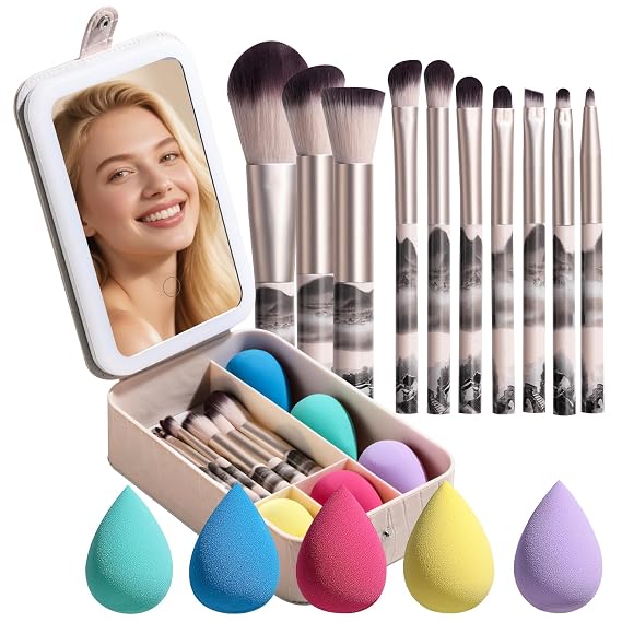 BS-MALL large Led Makeup Mirror Case Travel Makeup Brushes Set 15 Pcs LED Light Mirror with Makeup Sponge for Enhanced Beauty Routine Desk Stand Led Mirror