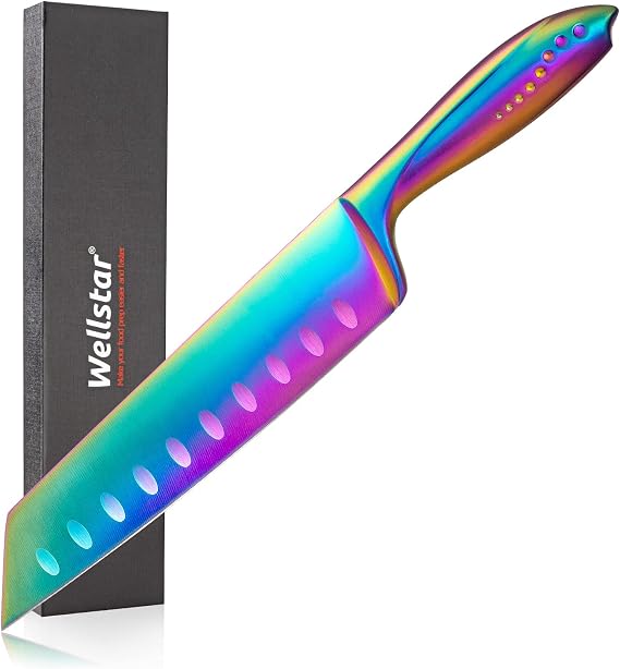 WELLSTAR Kiritsuke Chef Knife 8 Inch, Razor Sharp German Steel Blade and Comfortable Handle with Rainbow Titanium Coated for Kitchen Food Cutting Slicing Dicing, Asian Vegetable Meat Cooking Knife