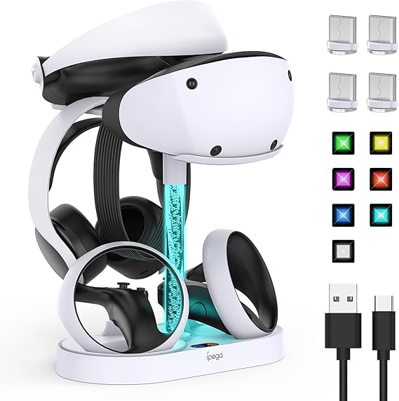 FASTSNAIL Charging Stand for PlayStation VR2, Multifunctional PS VR2 Headset & Sense Controllers Charge Dock Station with 10 RGB Light Modes of Memory, Storage Base Gaming Accessories for PS5 VR2