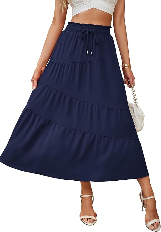 Women Boho Maxi Skirt: Summer Asymmetric Tiered Drawstring Elastic High Waist A-Line Flowy Long Skirts with Pockets
