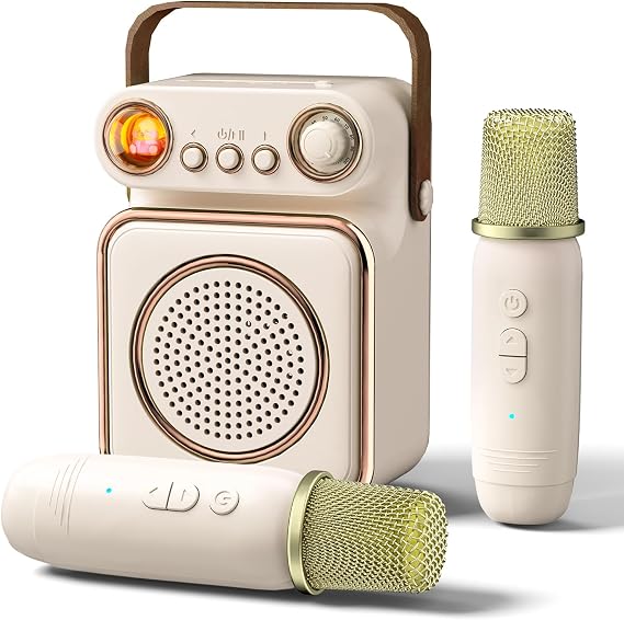 Portable Karaoke Machine for Kids Adults, Mini Bluetooth Karaoke Speaker with 2 Wireless Microphones for Home Party Birthday Gift for Boys Girls (Cream)