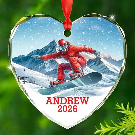 Personalized Snowboarding Glass Xmas Ornament Gift for Snowboard Men Women Daughter Son Sister Brother, Snowboarding Snowboard Lover Keepsake Ornaments, Custom Name Skiing Ski Ornament for Team Coach
