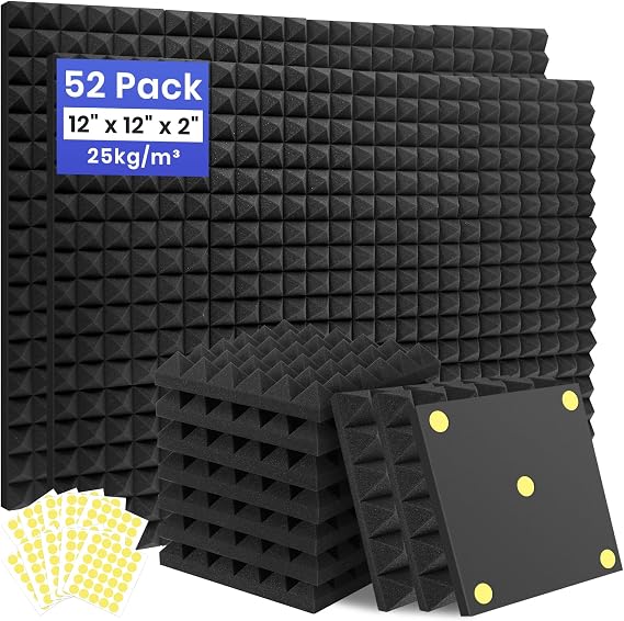 Focusound 52 Pack Sound Proof Foam Panels for Walls, 12" X 12" X 2" Pyramid Acoustic Foam Panels, High Density Noise Reduction Soundproof Panels for Studio Game Room with 300PCS Double-Side Adhesive