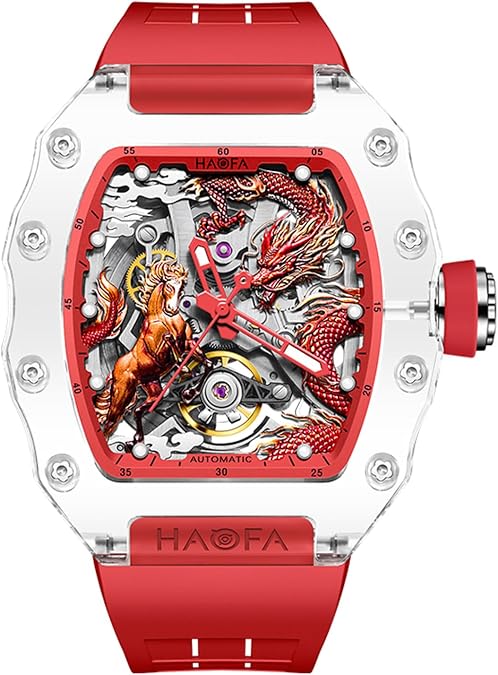 Haofa Transparent Crystal Mirror 3D Dragon Horse Mechanical Watch for Men Automatic Hollow Glass Case Waterproof Luminous Men's Watch 2323
