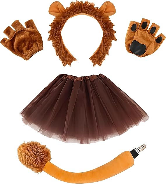 4 Pcs Lion Costume Set Kit with lion ears, Gloves, Tail & Tutu Skirt, Perfect for Kids & Adults Cosplay,Halloween Birthday Carnival Stage Performance