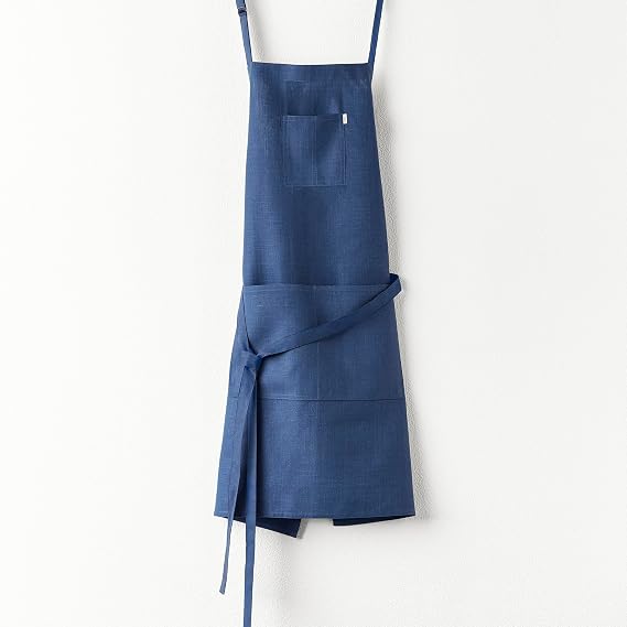 Solino Home 100% Linen Kitchen Apron Blue, Classic Linen Apron 32 x 27 in